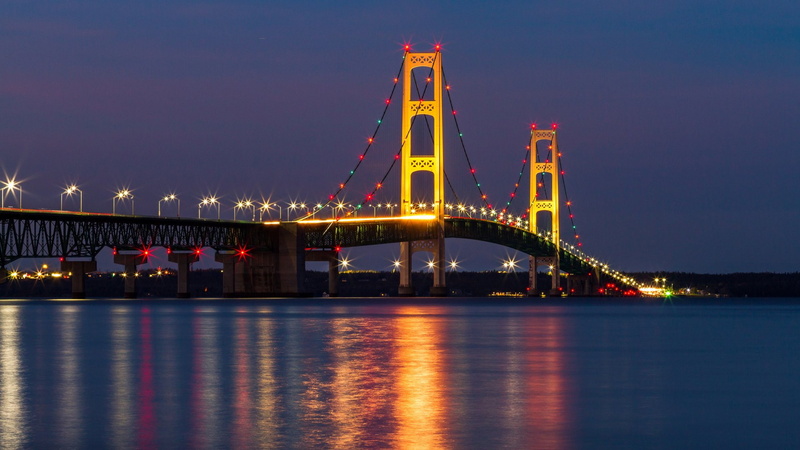 Bridge, Bridges, Night, USA, 1080P, River, Light, Michigan, Mackinac Bridge