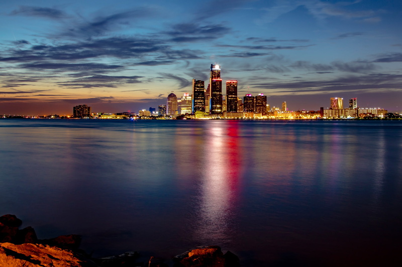 1080P, the Detroit river, Detroit, Detroit River, skyscrapers, Michigan, night city, river