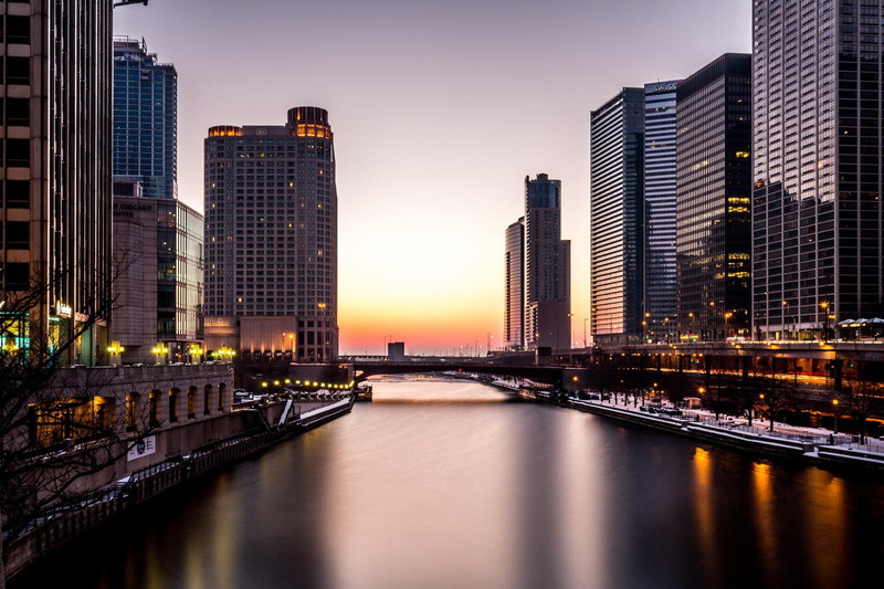 America, River Lights, lights, evening, Buildings, 1080P, Skyscrapers, Illinois, Chicago, river