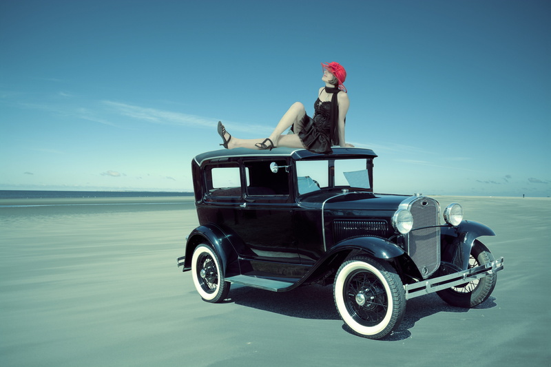 horizon, girl, relaxation, red hat, female, collage, outdoors, gatsby, one person, style, 1920s, water, party, sky, mode of transportation, woman, full length