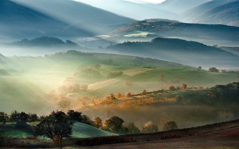 rural scene, 720P, mountains, environment, fog, sky, outdoors, plant, tranquil scene, non-urban scene, trees, twilight, morning, tranquility, tree, mountain