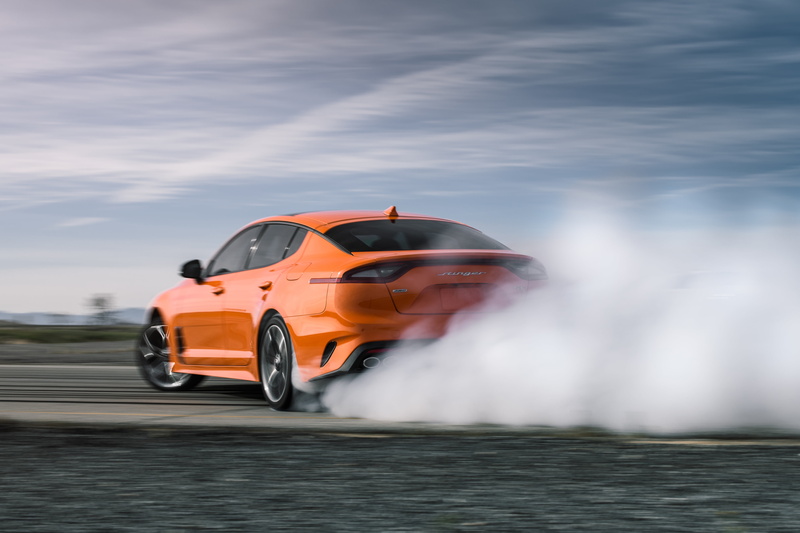 Kia, orange cars, drift, sports car, sports sedan, car, Kia Stinger, smoke, 5K, Kia Stinger GT, vehicle, motion blur, Drifting