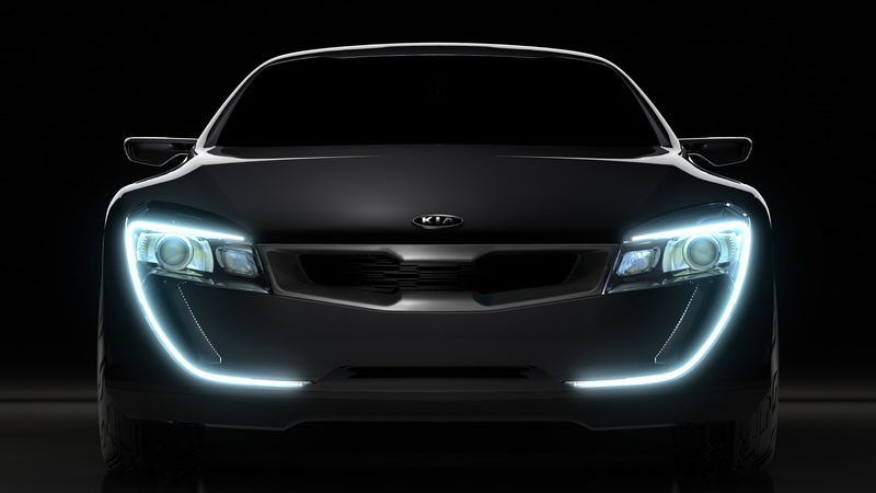 2K, sports car, shiny, front view, night, cut out, land vehicle, motor vehicle, black color, Kia, studio shot, illuminated, black background, wheel, car