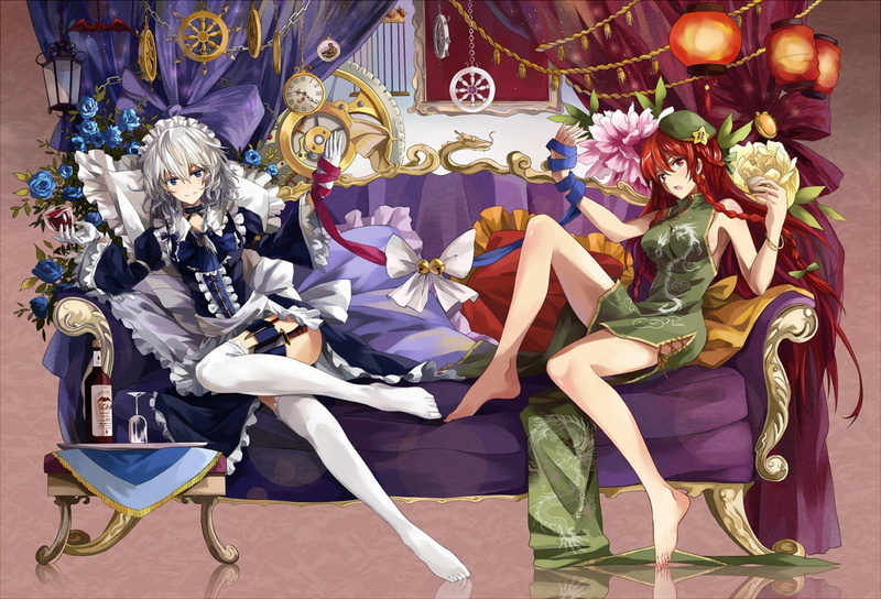 izayoi, clocks, thigh, dress, hong, open, video, meiling, hats, red, 720P, bows, pillows, flowers, highs, sitting, couch, white, touhou, ribbons, lanterns