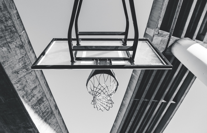 basket, view, low angle view, sport, photography, angle, black and white, empty, built structure, 8K, worm, s, basketball hoop, indoors, ceiling, greyscale