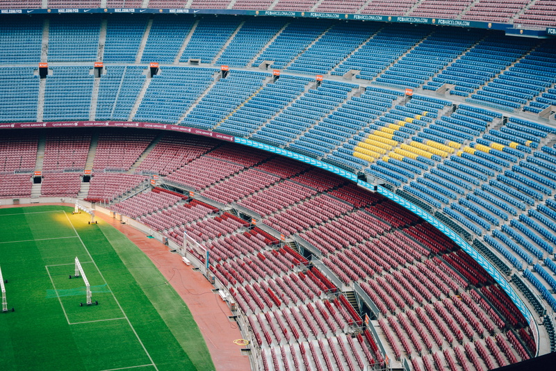 soccer field, multi colored, rows, arena, green color, day, nature, soccer, team sport, field, built structure, seats, outdoors, grass, blue, venue, empty