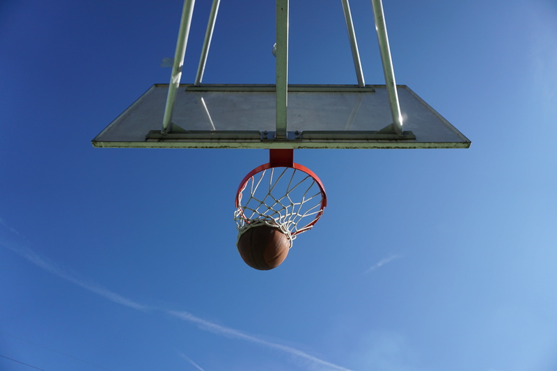 day, court, competition, activity, hoop, scoring, daytime, flying, lunch, blue, basketball, basketball hoop, view, basketball - sport, sky, people, taking a shot - sport