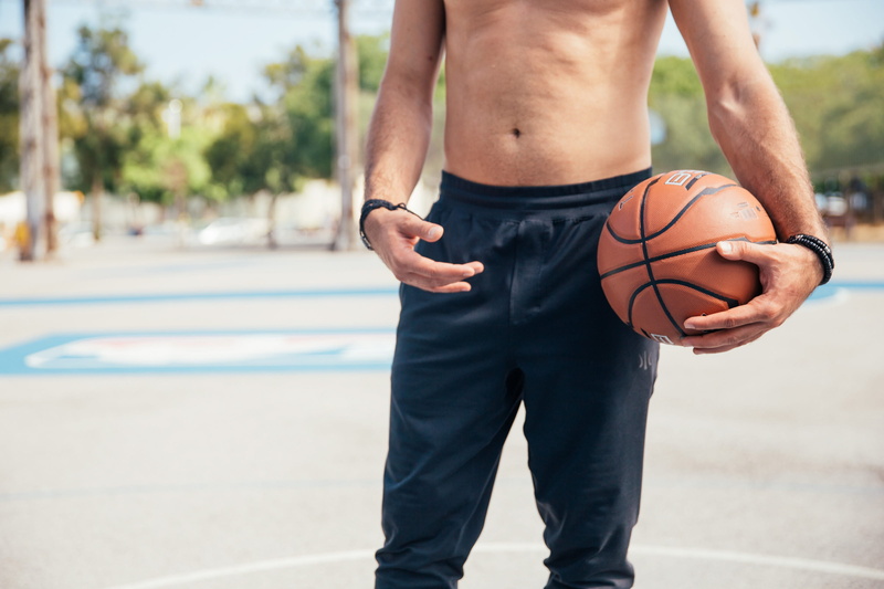 Holding, Athlete, palm, Orange, streetball, city, Game, day, pensive, pocket, basketball, muscular, background, left, Athletic, ball, Player, Fit, shorts