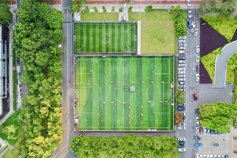sports, tree, no people, entrance, building, football field, arena, intersection, foshan shi, grass, transportation, green color, daji central street 2nd alley