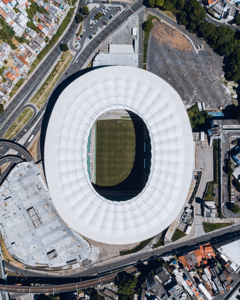 city, no people, luxury, travel, buildings, outdoors, high angle view, mode of transportation, salvador, drone view, day, modern, oval, aerial view, stadium-roof