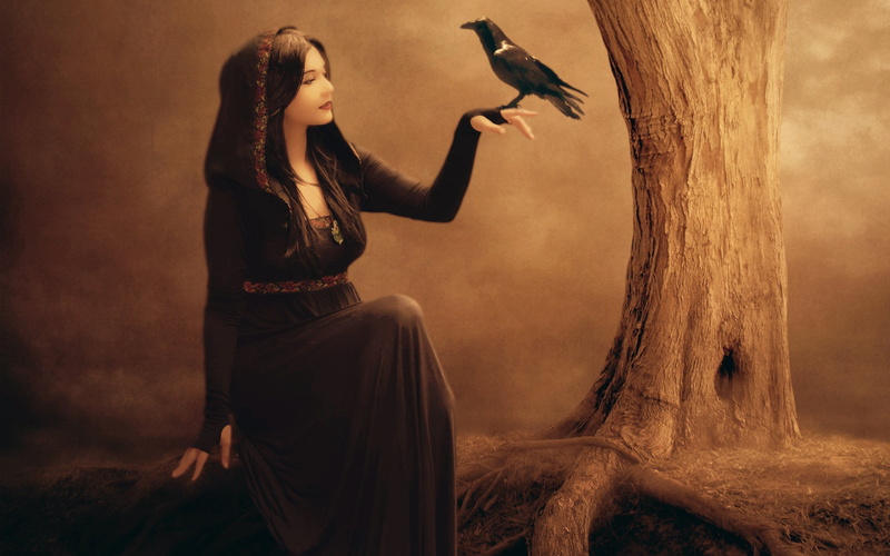 Witch, Beautiful, 2K, Girl, Raven, Tree, Black, Dress, Fantasy