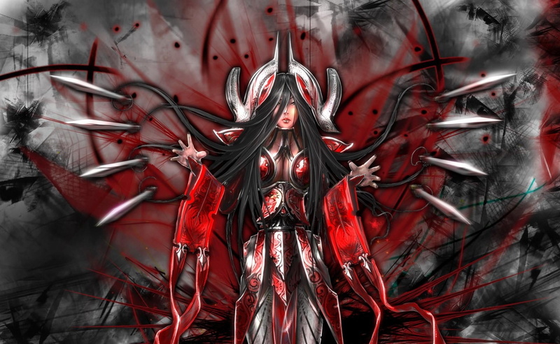 digital composite, human representation, indoors, girl, metal, abstract, no people, red, armor, woman, close-up, celebration, 1080P, white, stakes, digital