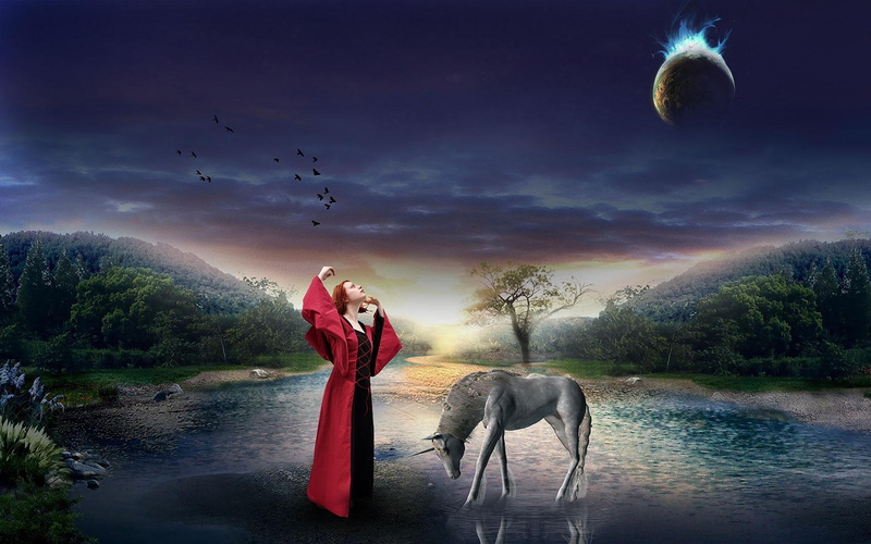 1080P, unicorn, lady, sorcerer, 3d and abstract, fantasy
