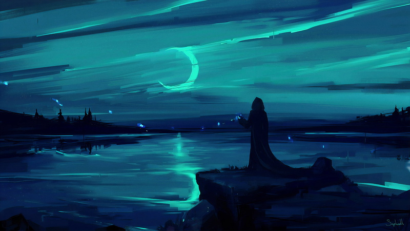 flection, digital painting, fantasy, paint brushes, cloak, night, atmosphere, hood, digital art, painting, darkre, lake, sorcerer, moon, landscape, man