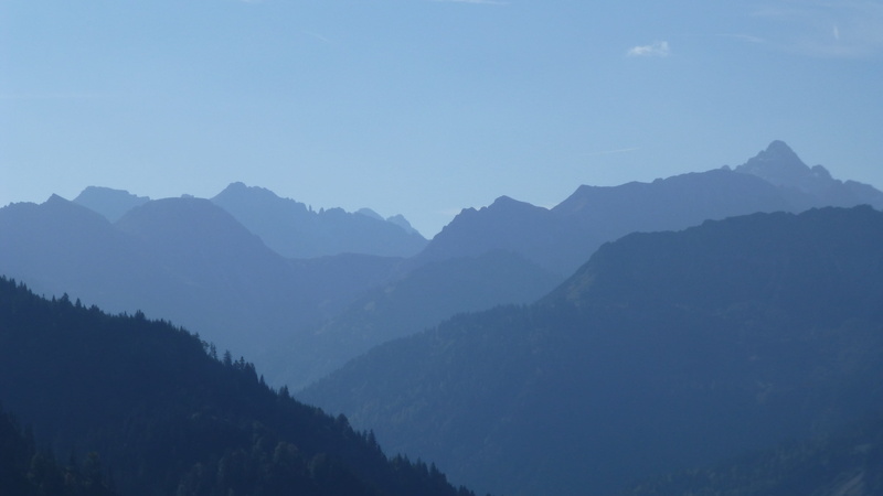 view, partly cloudy, tree, fog, non-urban scene, blue, shadow, mountain range, majestic, allgäu, mountains, scenics - nature, beauty in nature, sky, tranquility