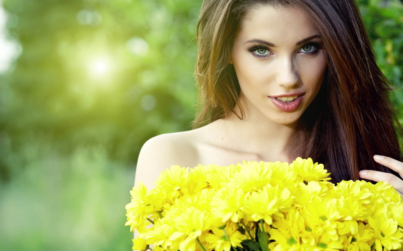 smiling, portrait, beautiful people, flower, hair, beauty, Sunny, flowering plant, long hair, one person, happiness, young adult, looking at camera, bare shoulders