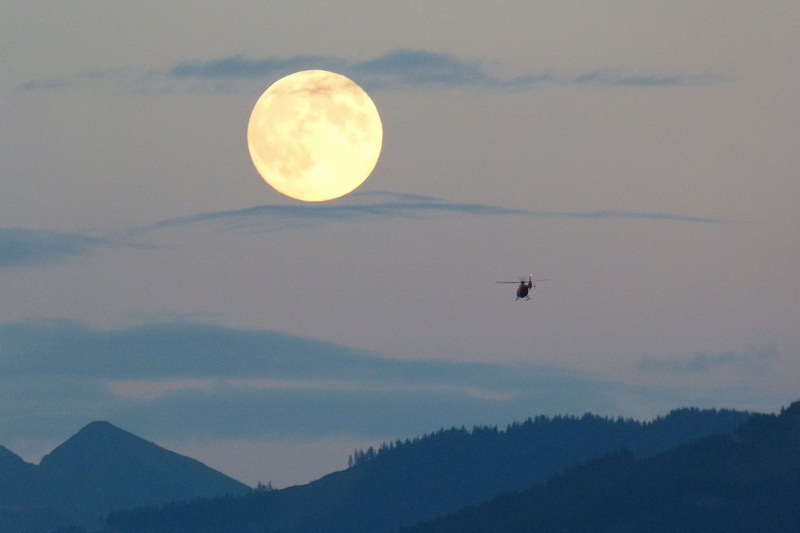 silhouette, air vehicle, space, outdoors, super moon, huge, scenics - nature, mountains, color nuances, night, cloud - sky, transportation, helicopter