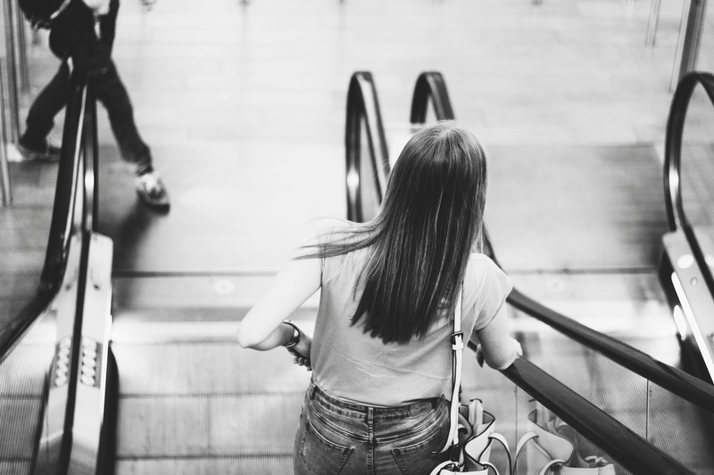 architecture, photography, monochrome, transportation, one person, women, adult, girl, steps, leisure activity, escalator, focus on foreground, long hair