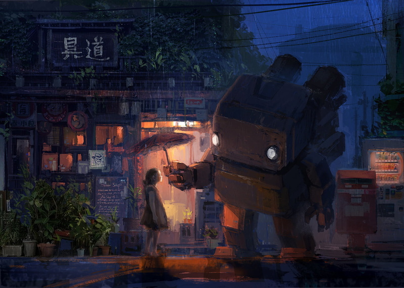 anime, 720P, robot, building exterior, architecture, day, futuristic, real people, fantasy art, digital art, movie, spirituality, painting, men, standing