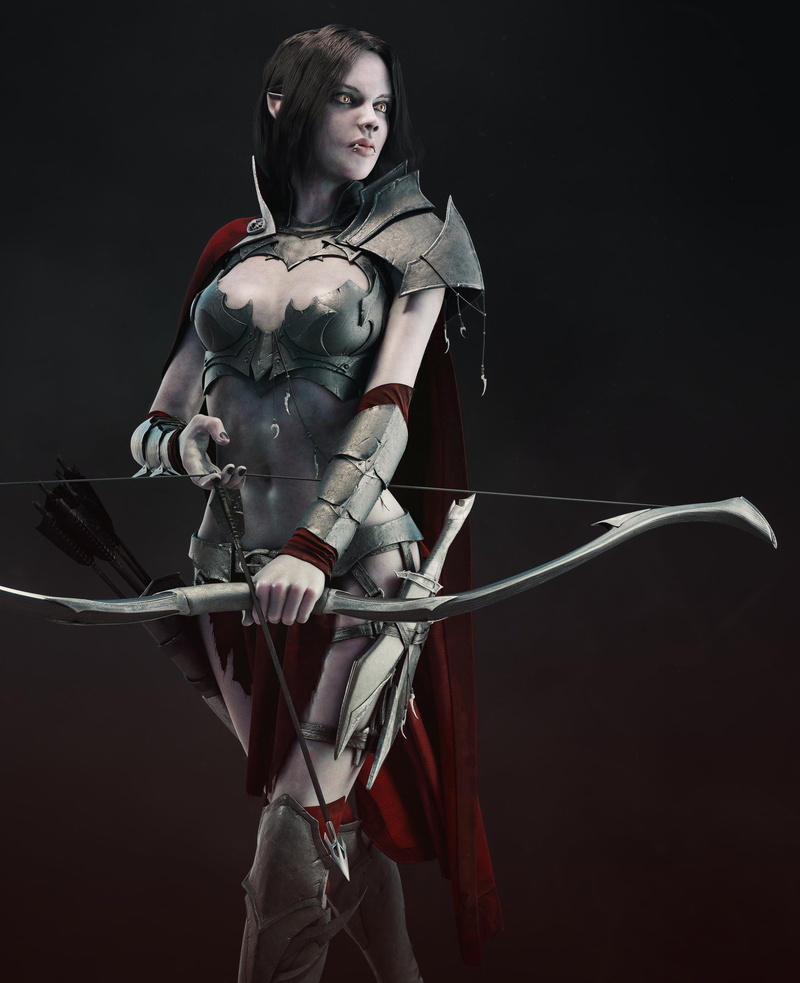 women, weapon, brunette, bow, fantasy art, elves, 1080P, dark elf, armor, archer, arrows, cape