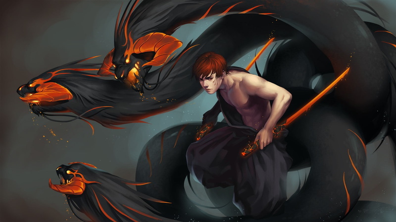 DeviantArt, hydra, digital art, redhead, 720P, fantasy art, sword, muscles, people