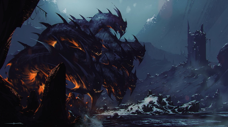 concept art, illustration, graphic design, artwork, 1080P, dark fantasy, digital art, painting, hydra
