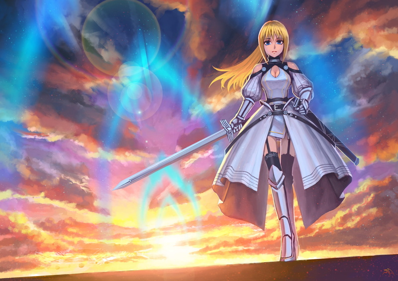 weapon, teenager, cloud - sky, beautiful woman, adult, Fate/Zero, armor, blue eyes, portrait, clouds, Saber, fashion, blonde, long hair, sword, beautiful people