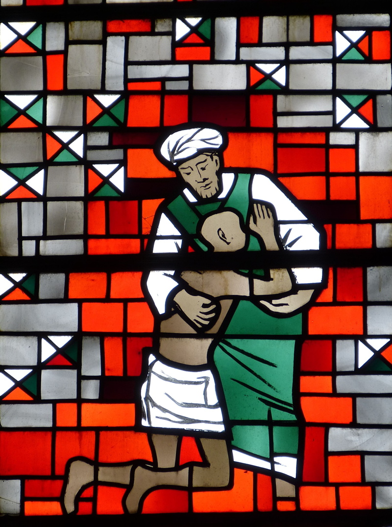 wall - building feature, mercy, bible, spirituality, 2K, father, wall, three quarter length, church window, son, architecture, male likeness, indoors