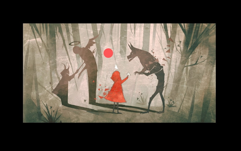 water, representation, 720P, shadow, people, horse, full length, digital art, transfer print, Little Red Riding Hood, creativity, print, group of people