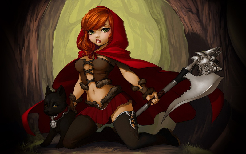 little, skirt, 1080P, wolf, hood, digital/artwork, axe, red, riding, redhead, hd, corset, drawing