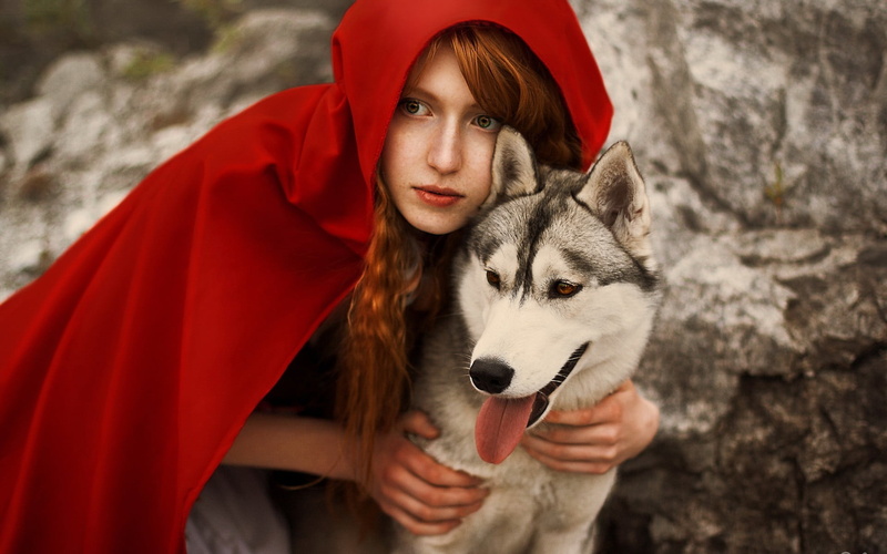 sitting, females, red, day, looking, riding, white, smiling, dog, teenager, mammal, lifestyles, outdoors, adult, beautiful, people, sled Dog