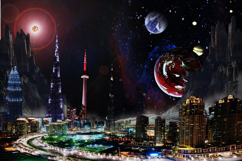 building, outdoors, building exterior, architecture, skyscraper, design, tower, galaxy, exploration, office building exterior, space, poster, planet, futuristic