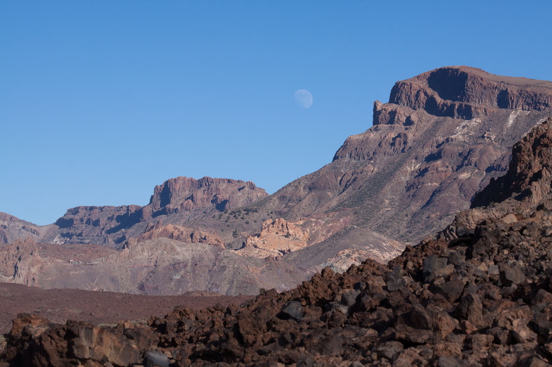 mountain range, full moon, non-urban scene, caldera, landscape, outdoors, nature, scenics - nature, 4K, rock formation, desert, lava, teide, clear sky