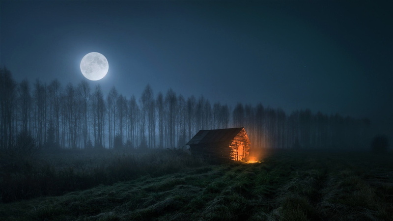 circle, moonlight, dark, nature, 1080P, plant, full moon, environment, forest, fog, moon, tree, houses, land, widescreen, cold temperature, space, trees