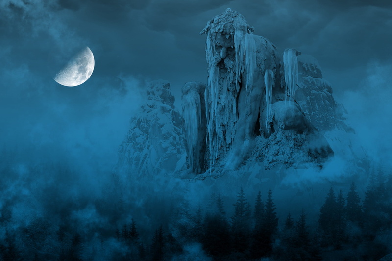 2K, landscape, cold temperature, no people, fantasy, fog, night, iced, tranquility, scenics - nature, mountains, moon, environment, non-urban scene, ice