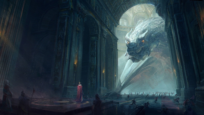 fantasy, pearls, 1080P, king, creature, people, spears, fantasy art, Dragon, crown, warriors, weapon, palace, soldiers, armor, hall, artwork