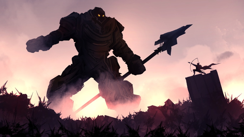 male likeness, sunset, human representation, creativity, built structure, nature, battle, low angle view, graphic, creature, dusk, warrior, holding