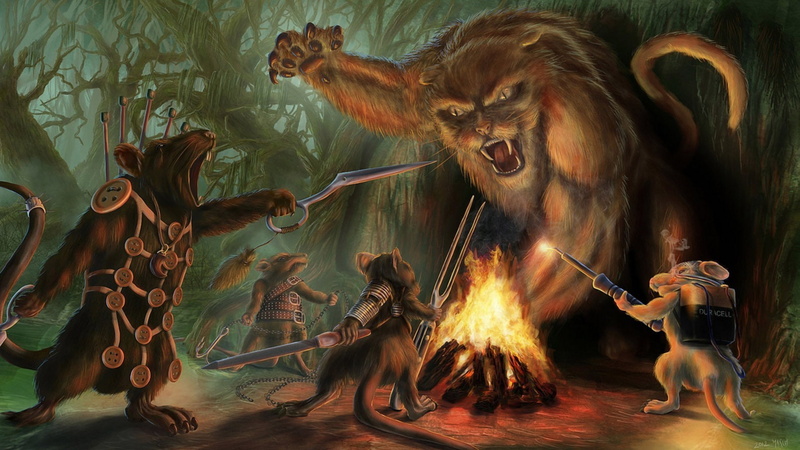 darl trees, moster hunters, paintings, fantasy, humor, weapons, forests, elderscroller deviantart com, digital art, mice, monsters, battle, swords, creatures