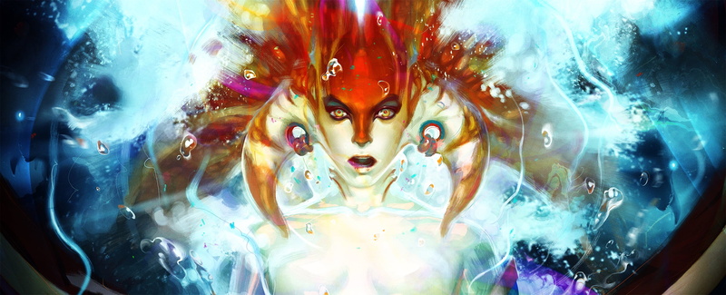 human representation, art and craft, front view, horn, dota, naga, science, futuristic, pov, digital composite, women, art, portrait, bizarre, multi colored