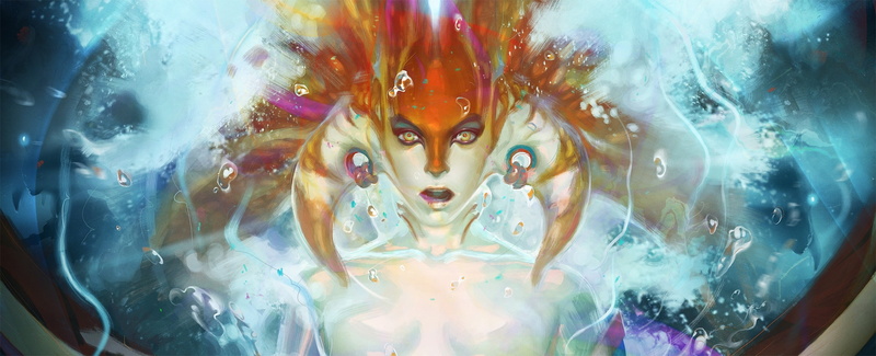 face, females, girl, bubbles, women, siren, water, horn, art, 2K, naga, pov, dota, fantasy
