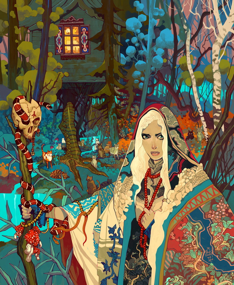 staff, snake, 1080P, women, colorful, cabin, skull, witch, Jakub Rebelka, forest, cat, fantasy art