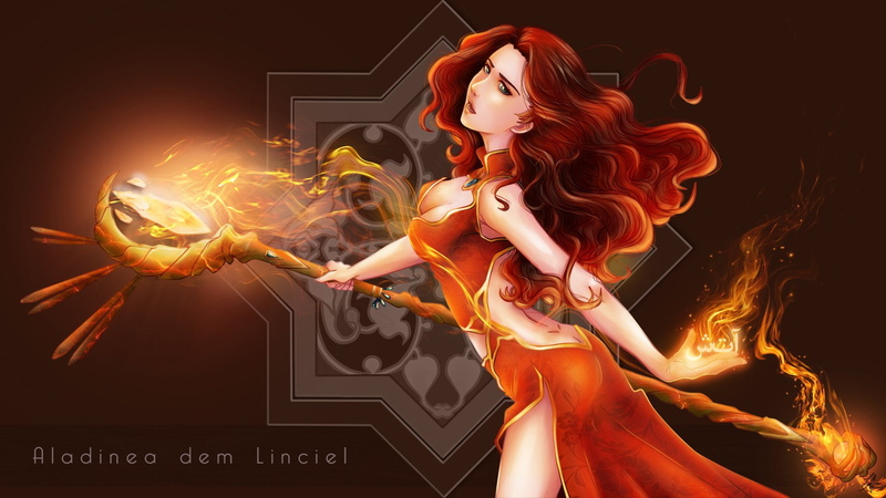 girl, fire, girls, fantasy, mage, magic, redhead, staff, 1080P