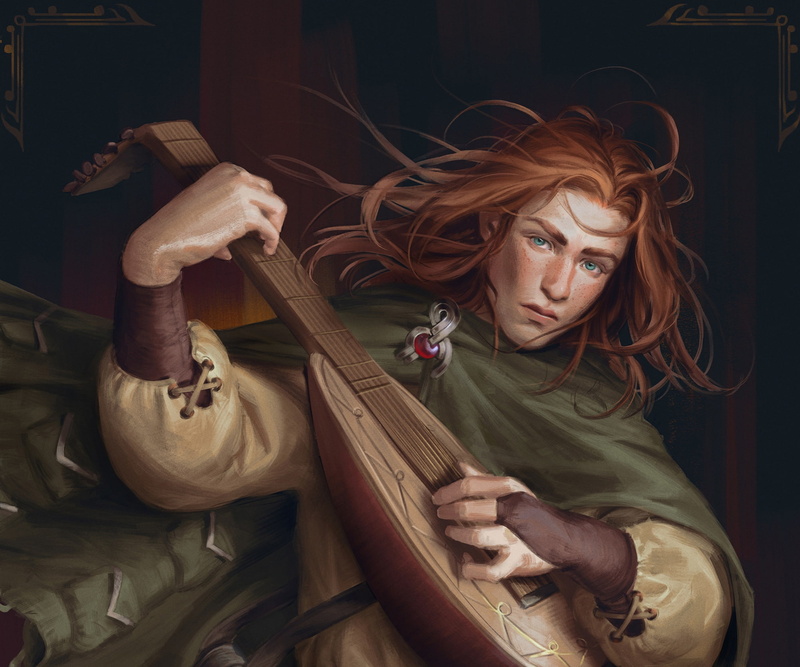 portrait, luminos, giselle almeida, fantasy, art, instrument, redhead, hand, 1080P, man, Kvothe
