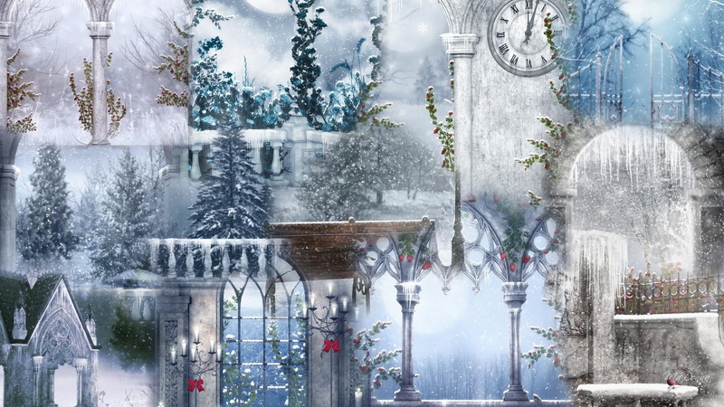 winter, windows, lights, snow, clock, firefox persona, 1080P, cathedral, flowers, gothic, collage, trees, columns, christmas