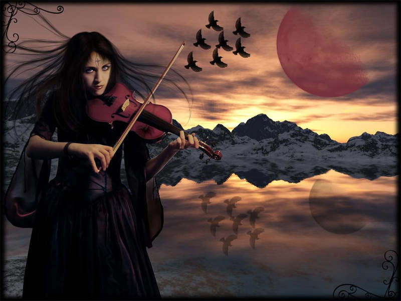 fantasy, abstract, Moon, hd, alone, art, lake, hills, 480P, gothic, red, violin, goth