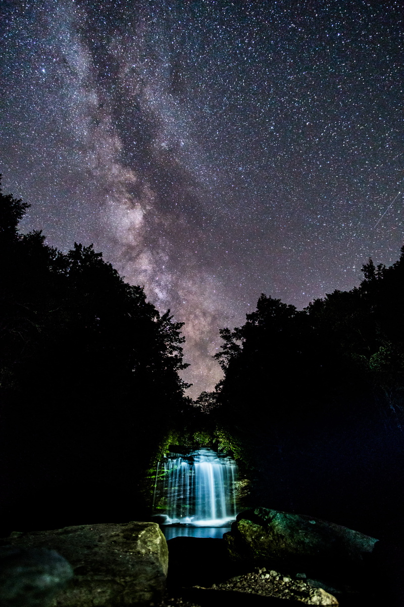 starry, milkyway, milky way galaxy, silhouette, milky way, 5K, rock, scenics - nature, space, waterfall, sky, star - space, beauty in nature, outdoors