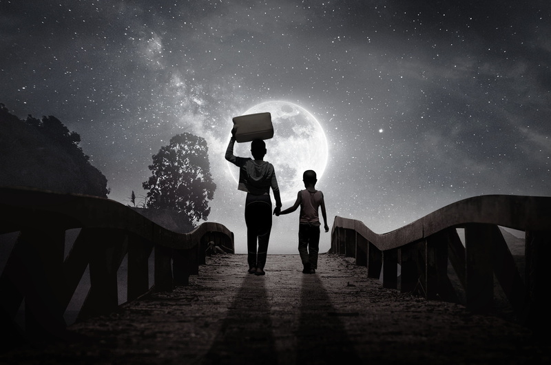 black, dark, togetherness, digital, holding, children, emotions, women, universe, scenics - nature, cut, child, nature, real people, sky, box