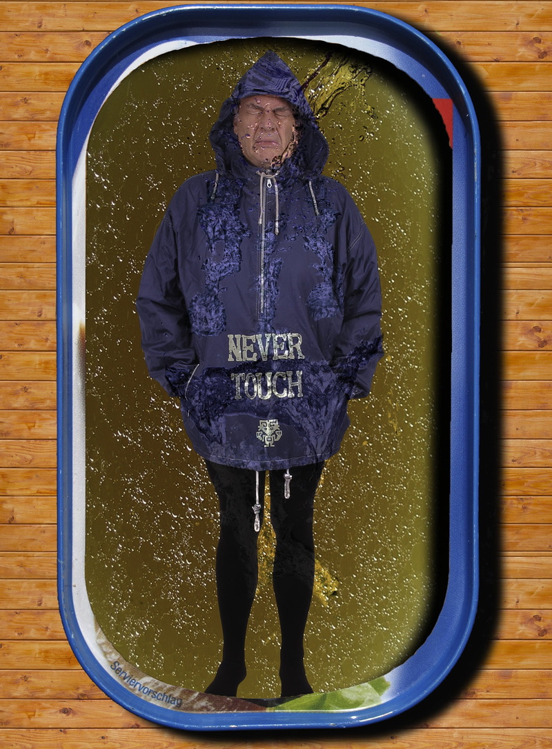 man, tin of sardines, digital art, 1080P, visual arts, communication, holding, composing, clothing, visualization, casual clothing, portrait, rain jacket