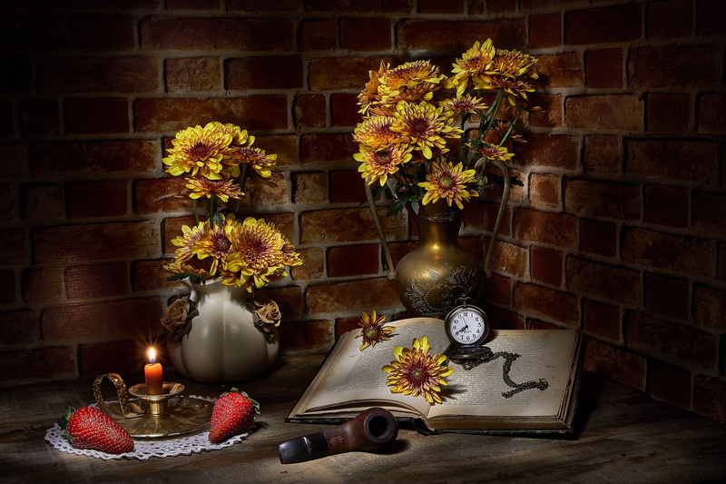 flowers, items, bricks, chrysanthemum, 4K, composition, yellow, the dark background, book, bouquet, strawberry, candle, berries, still life