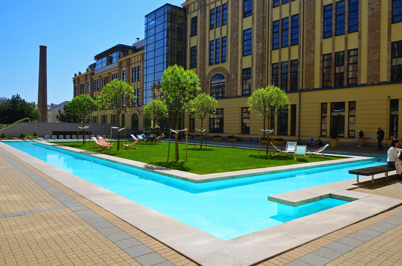 turquoise colored, luxury, nature, day, budapest, incidental people, swimming pool, office building, 4K, office, people, pool, building, architecture